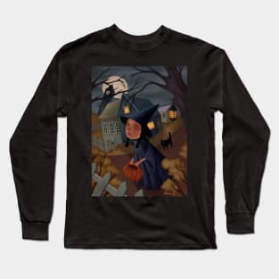 Halloween folk art witch and cat Long Sleeve T-Shirt